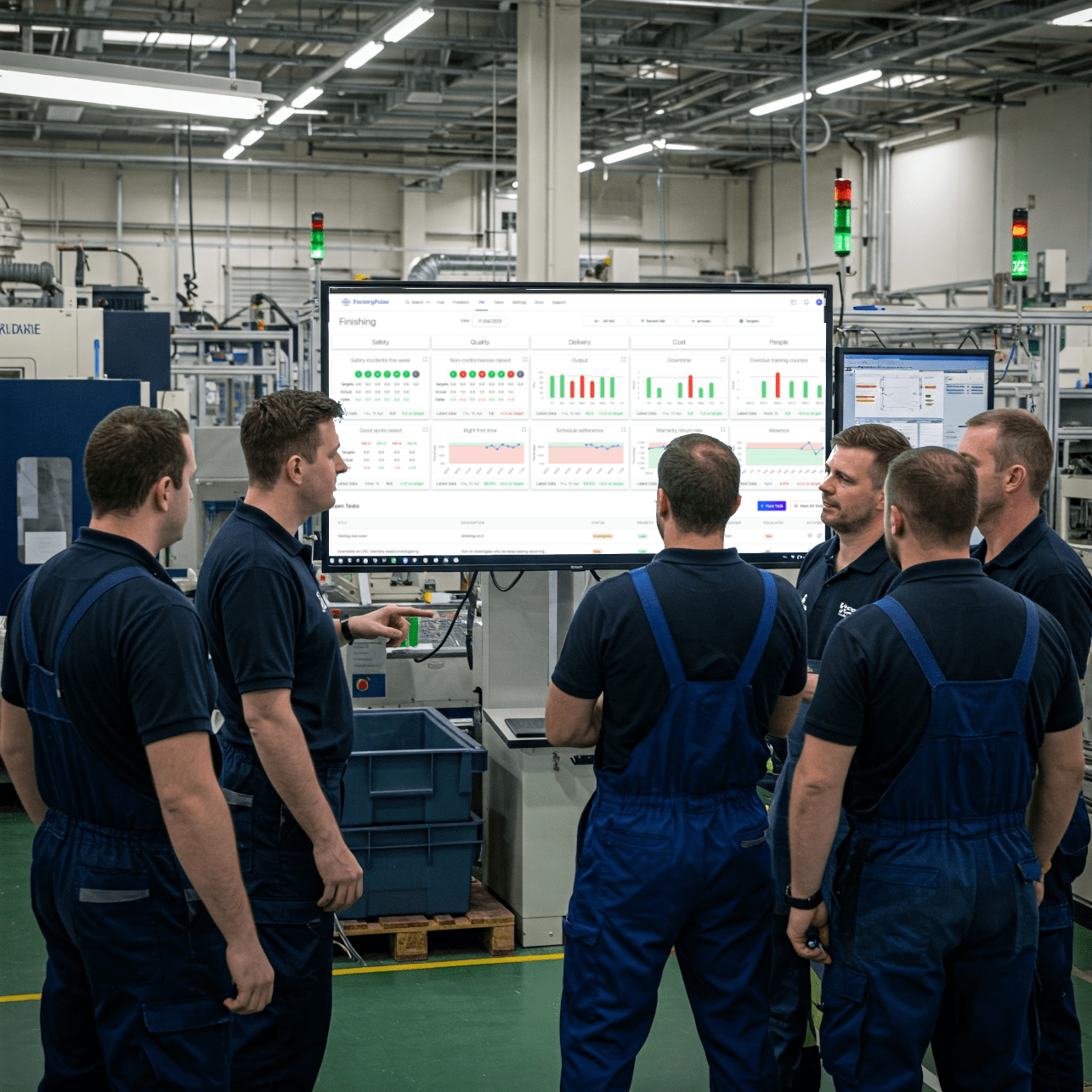 Digital tier board showing real-time manufacturing metrics and KPIs