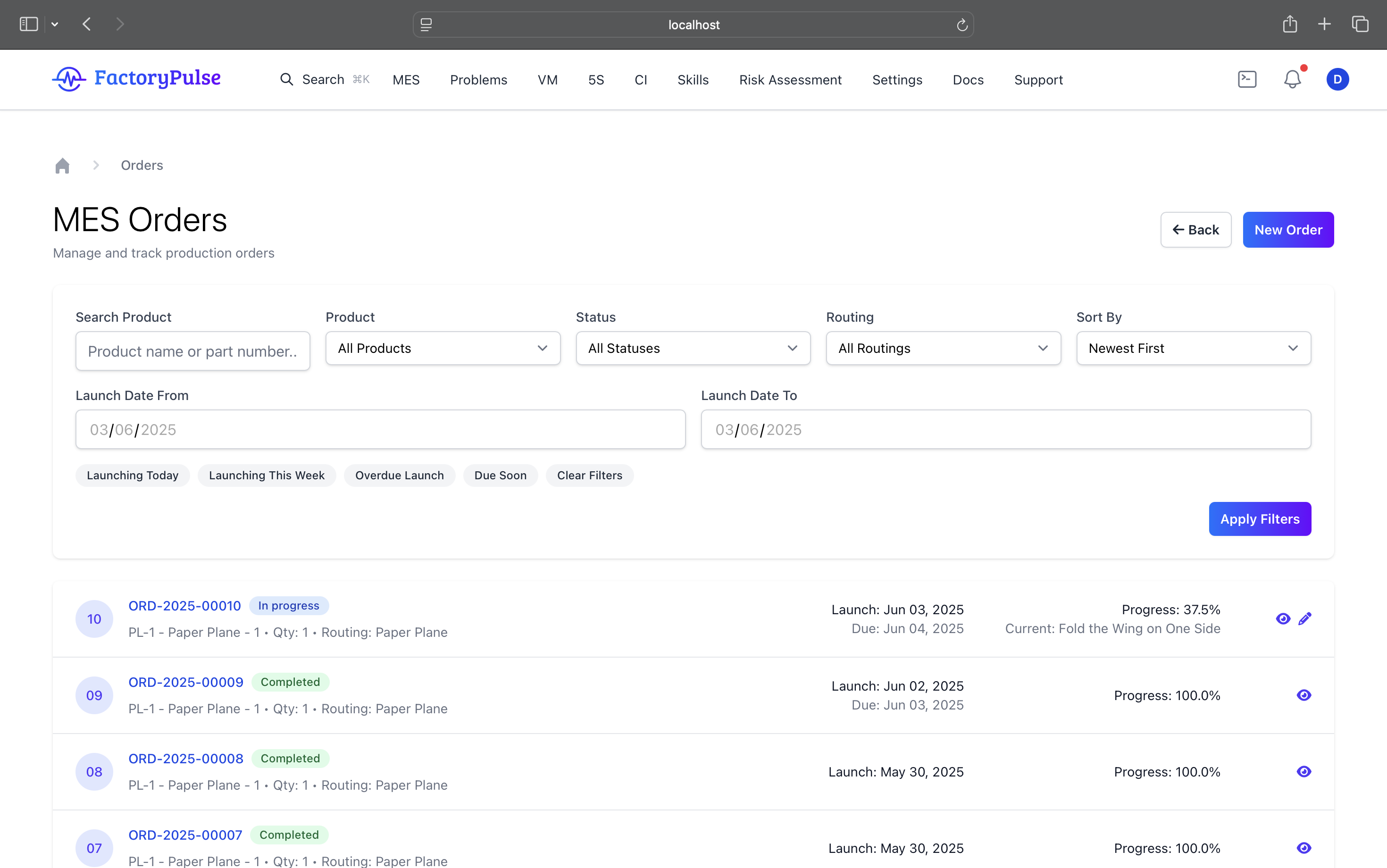 Order management screenshot